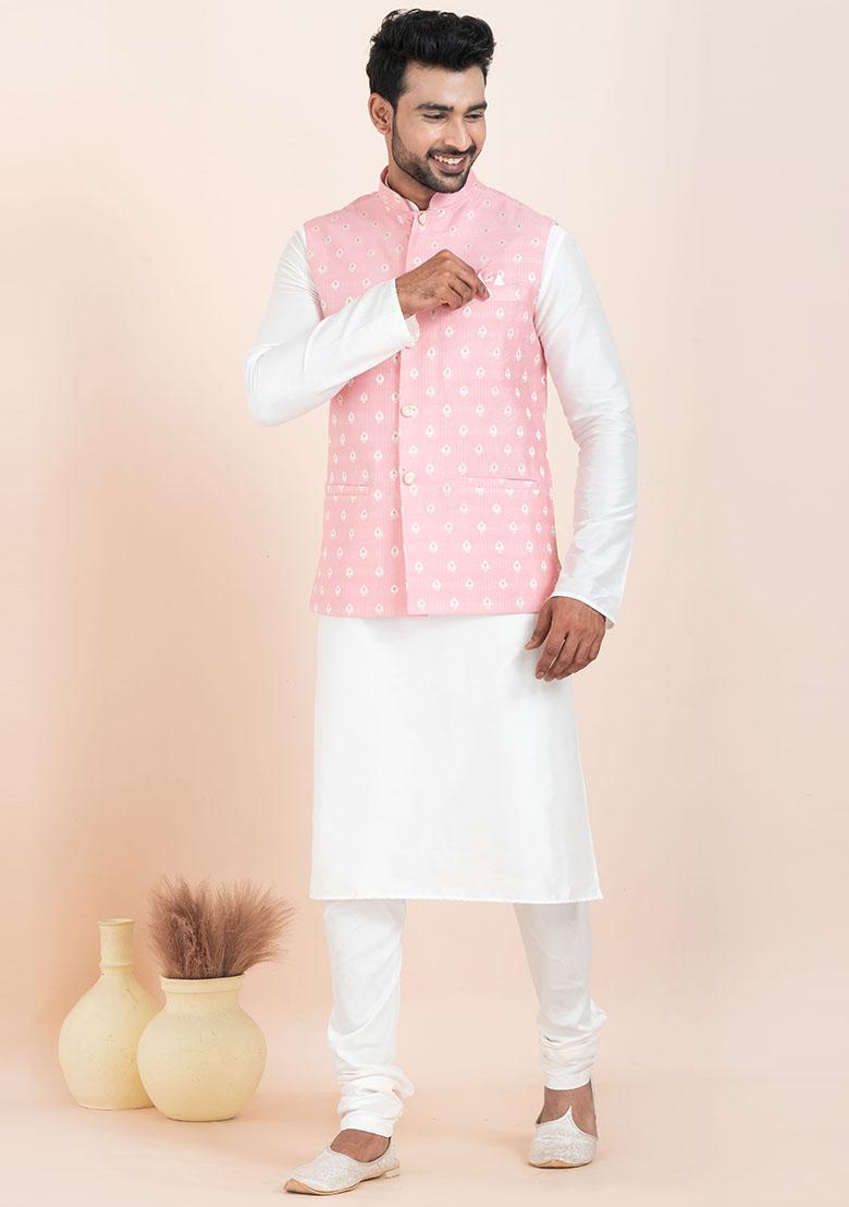 White Solid Silk Kurta Set For Men