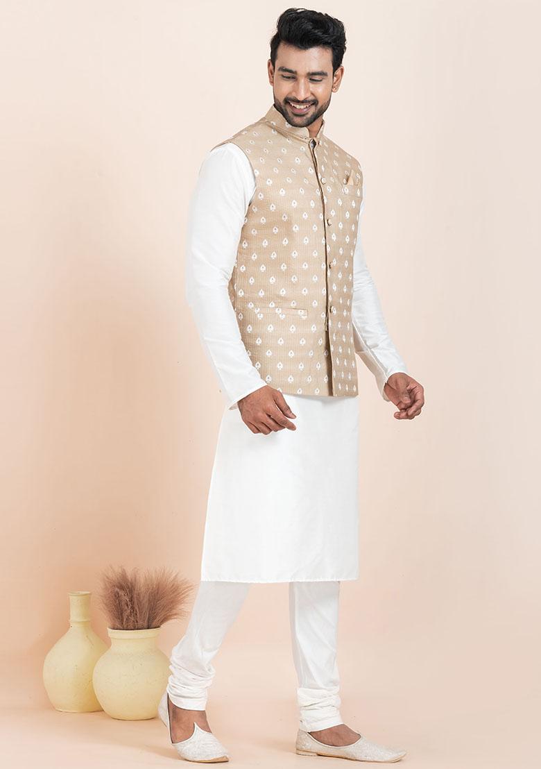 White Solid Silk Kurta Set For Men