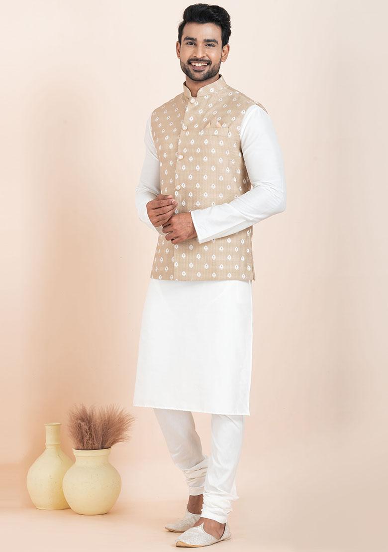 White Solid Silk Kurta Set For Men