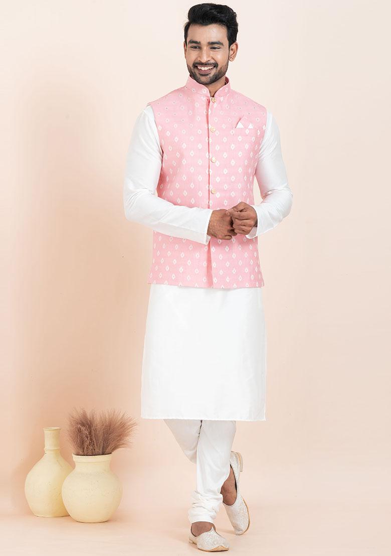 White Solid Silk Kurta Set For Men