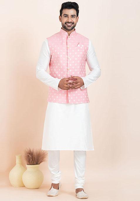 White Solid Silk Kurta Set For Men