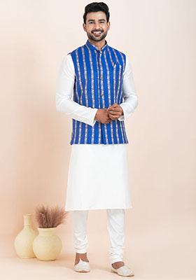 White Solid Silk Kurta Set For Men