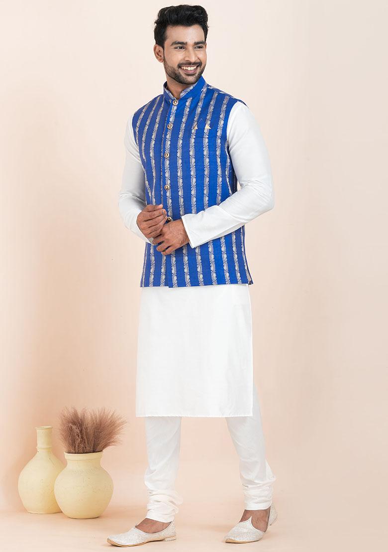 White Solid Silk Kurta Set For Men