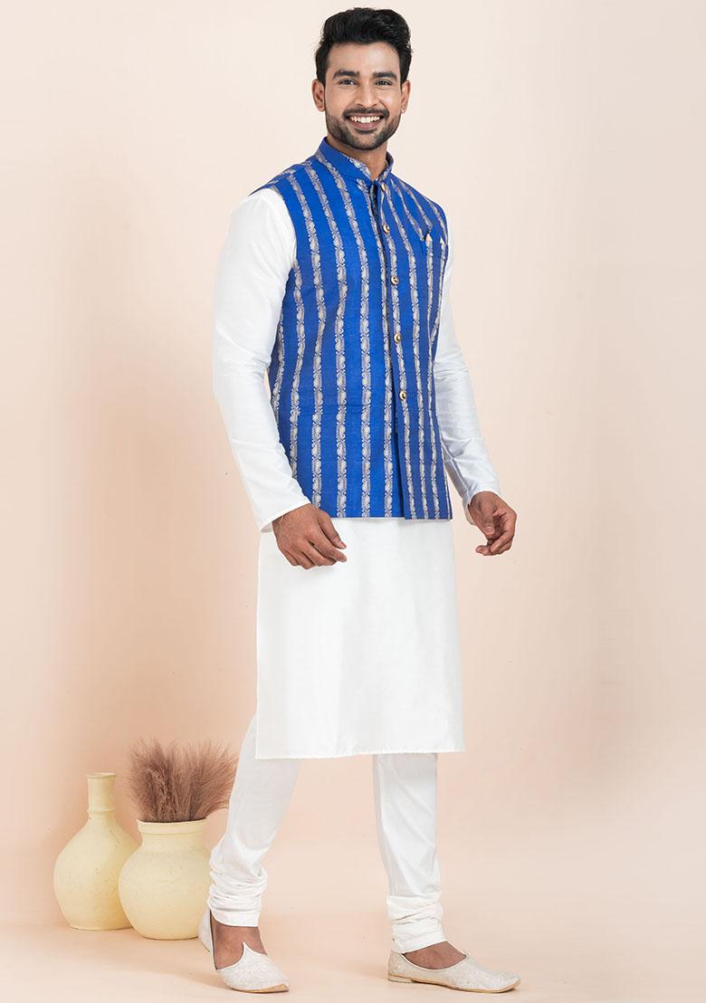 White Solid Silk Kurta Set For Men