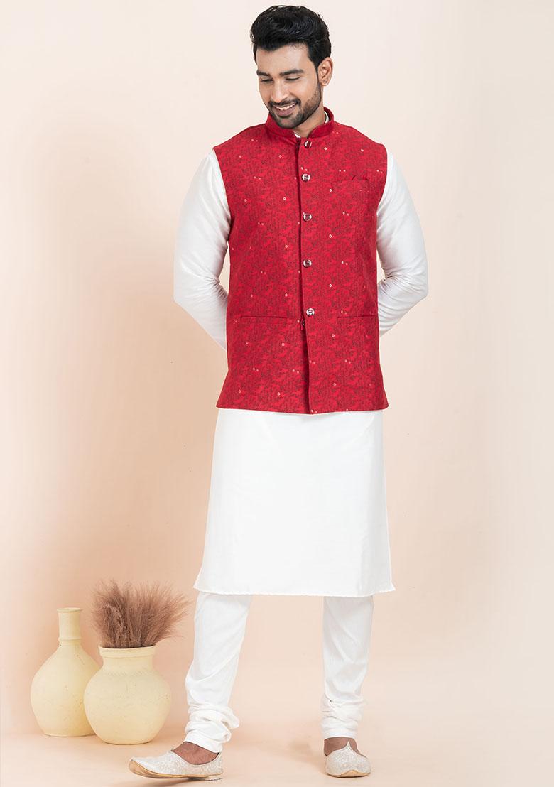 White Solid Silk Kurta Set For Men