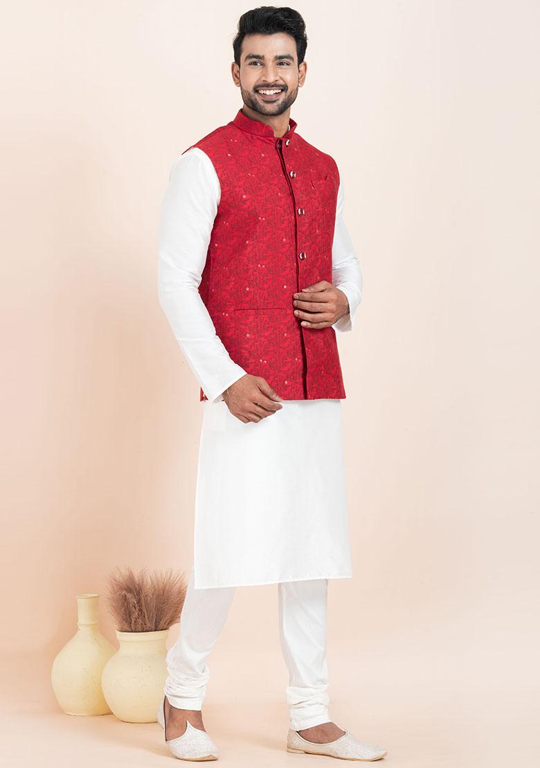 White Solid Silk Kurta Set For Men