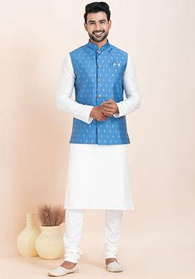 White Solid Silk Kurta Set For Men