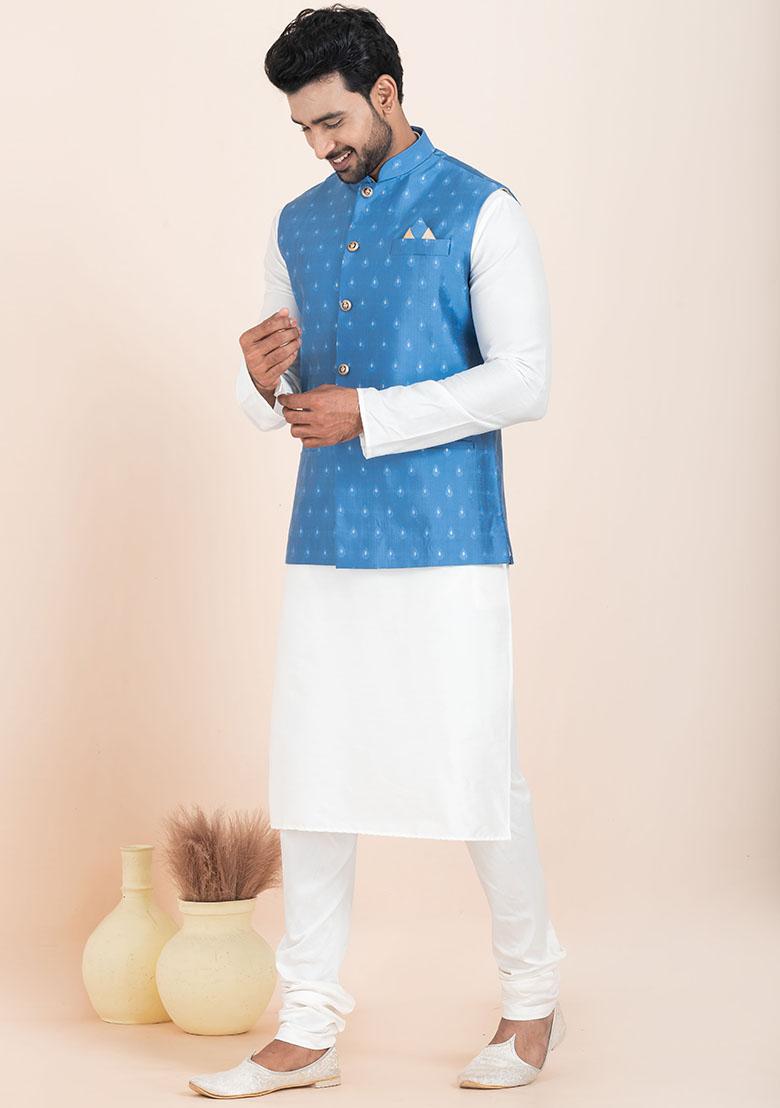 White Solid Silk Kurta Set For Men