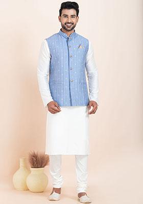 White Solid Silk Kurta Set For Men
