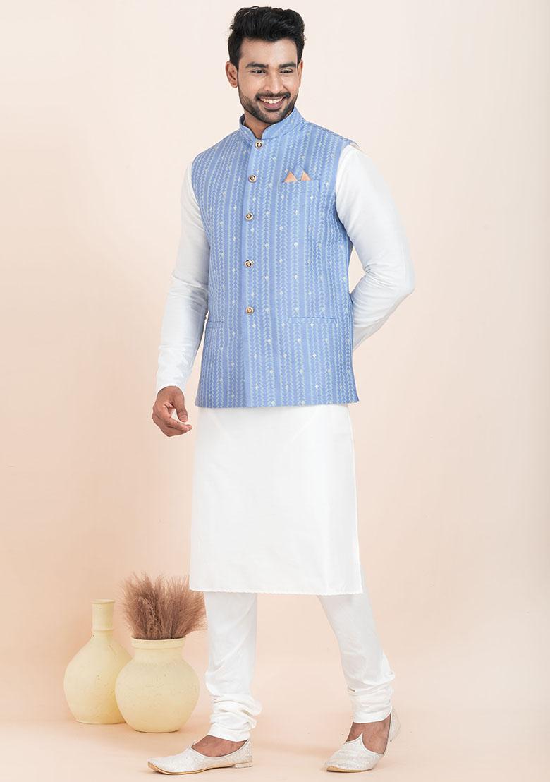 White Solid Silk Kurta Set For Men