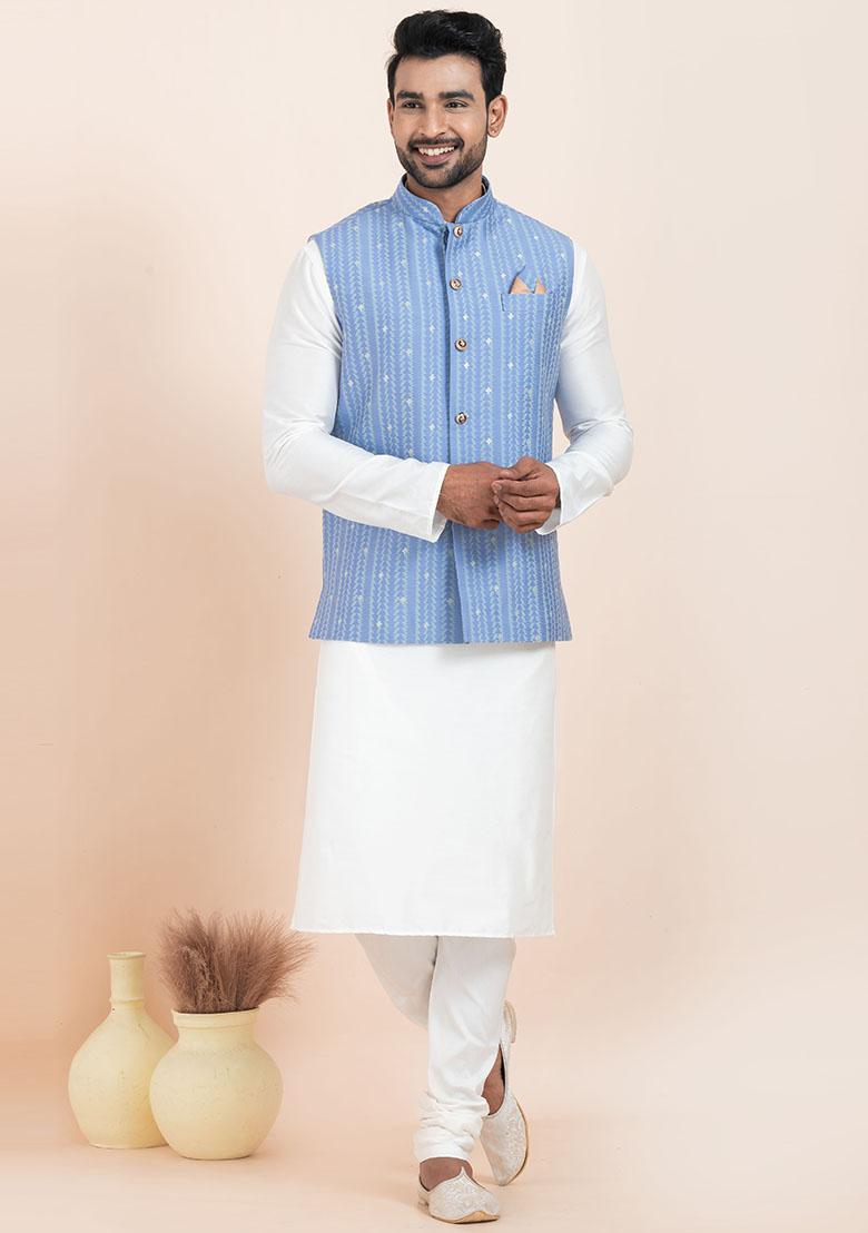 White Solid Silk Kurta Set For Men