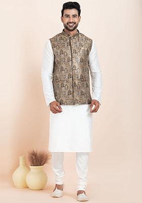 White Solid Silk Kurta Set For Men
