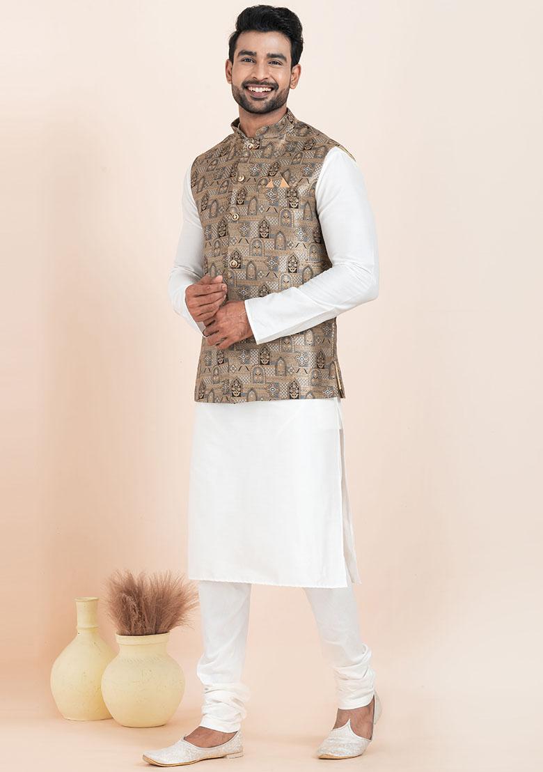 White Solid Silk Kurta Set For Men