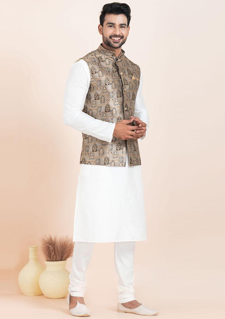 White Solid Silk Kurta Set For Men