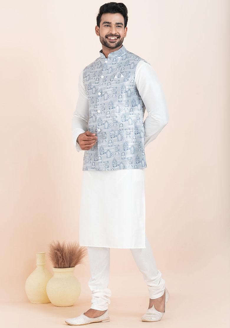 White Solid Silk Kurta Set For Men