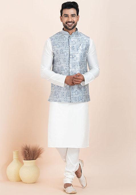 White Solid Silk Kurta Set For Men