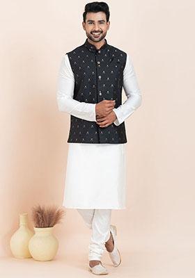 White Solid Silk Kurta Set For Men