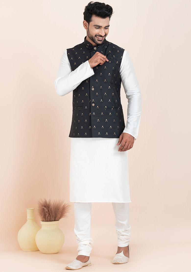 White Solid Silk Kurta Set For Men