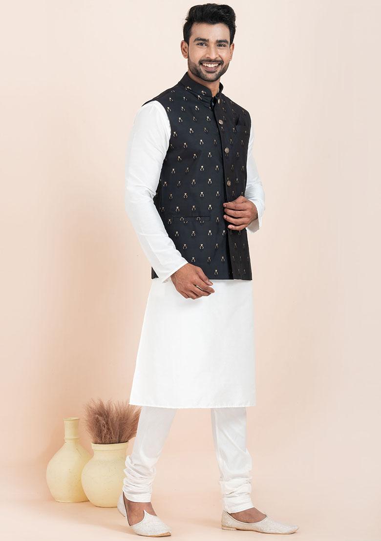 White Solid Silk Kurta Set For Men