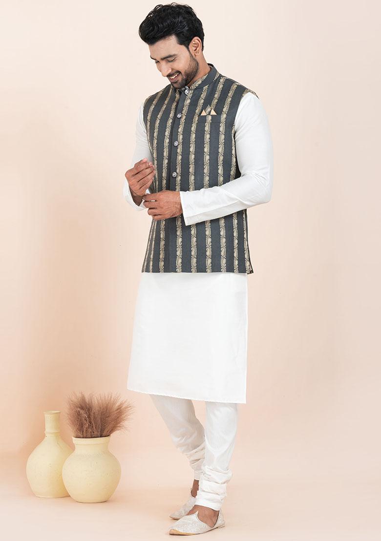 White Solid Silk Kurta Set For Men