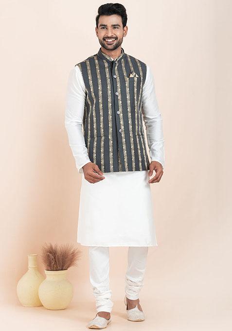 White Solid Silk Kurta Set For Men