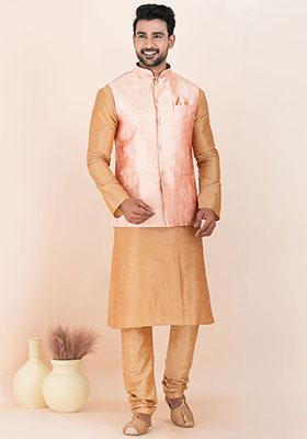 Brown Solid Silk Kurta Set For Men
