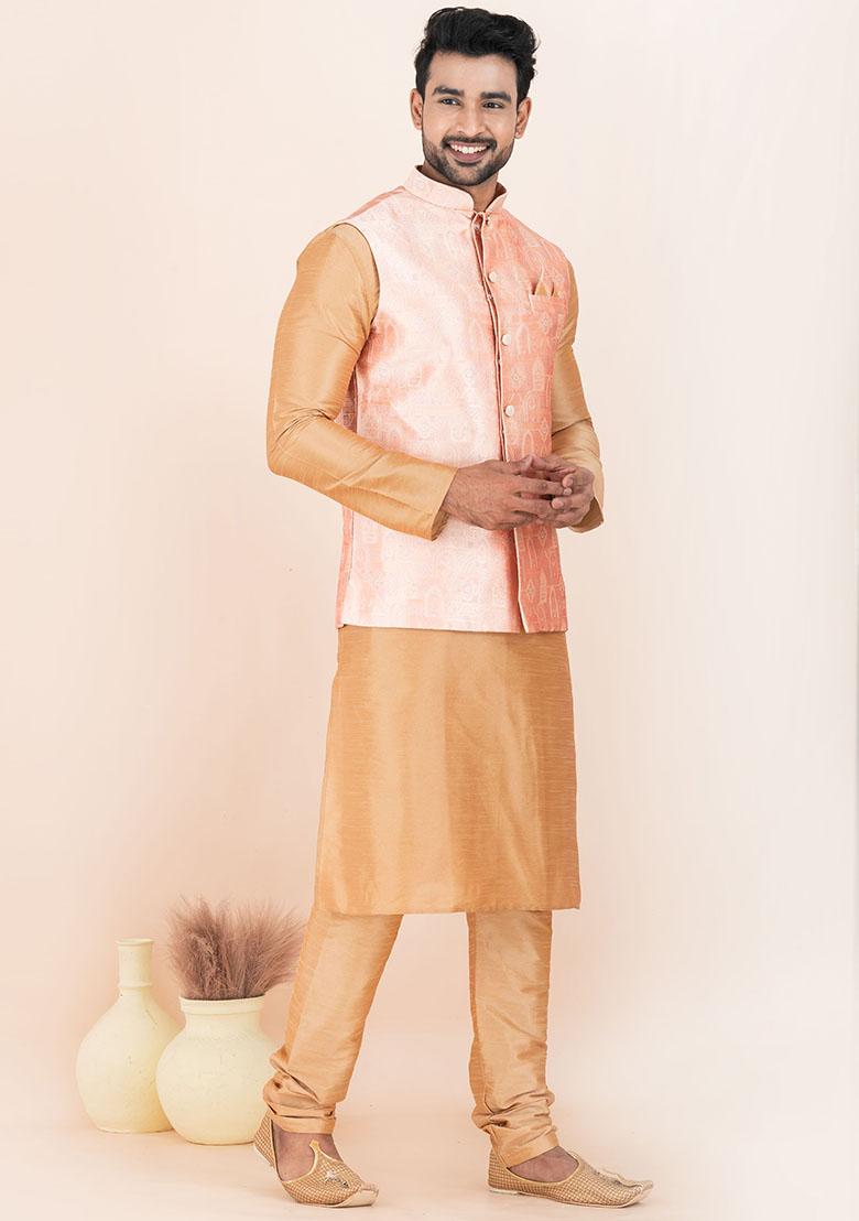 Brown Solid Silk Kurta Set For Men