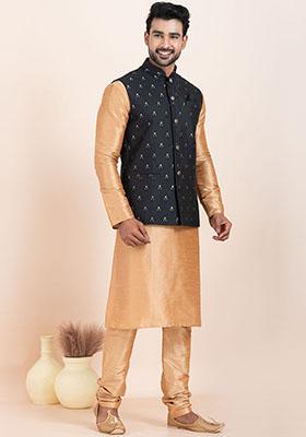 Brown Solid Silk Kurta Set For Men