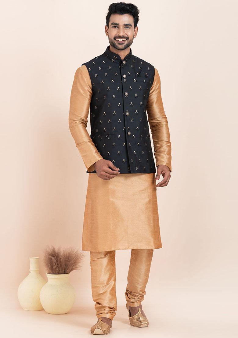 Brown Solid Silk Kurta Set For Men