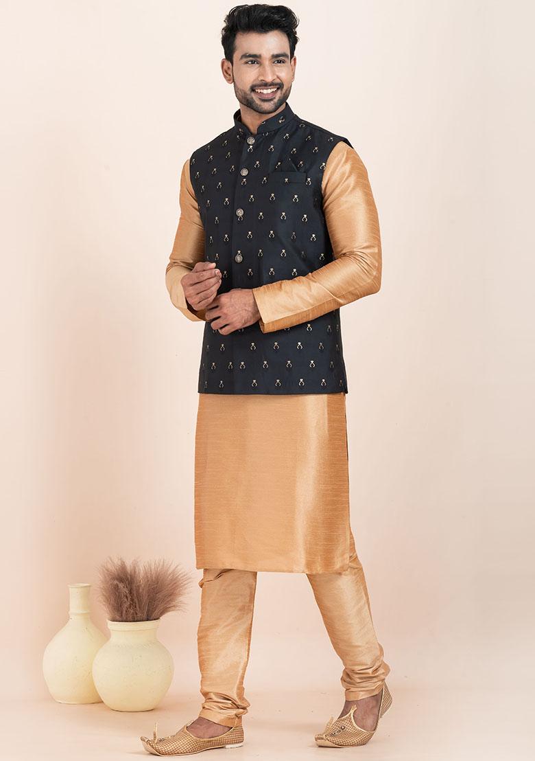 Brown Solid Silk Kurta Set For Men