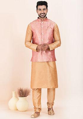 Brown Solid Silk Kurta Set For Men