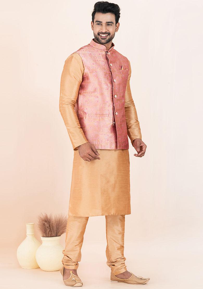 Brown Solid Silk Kurta Set For Men