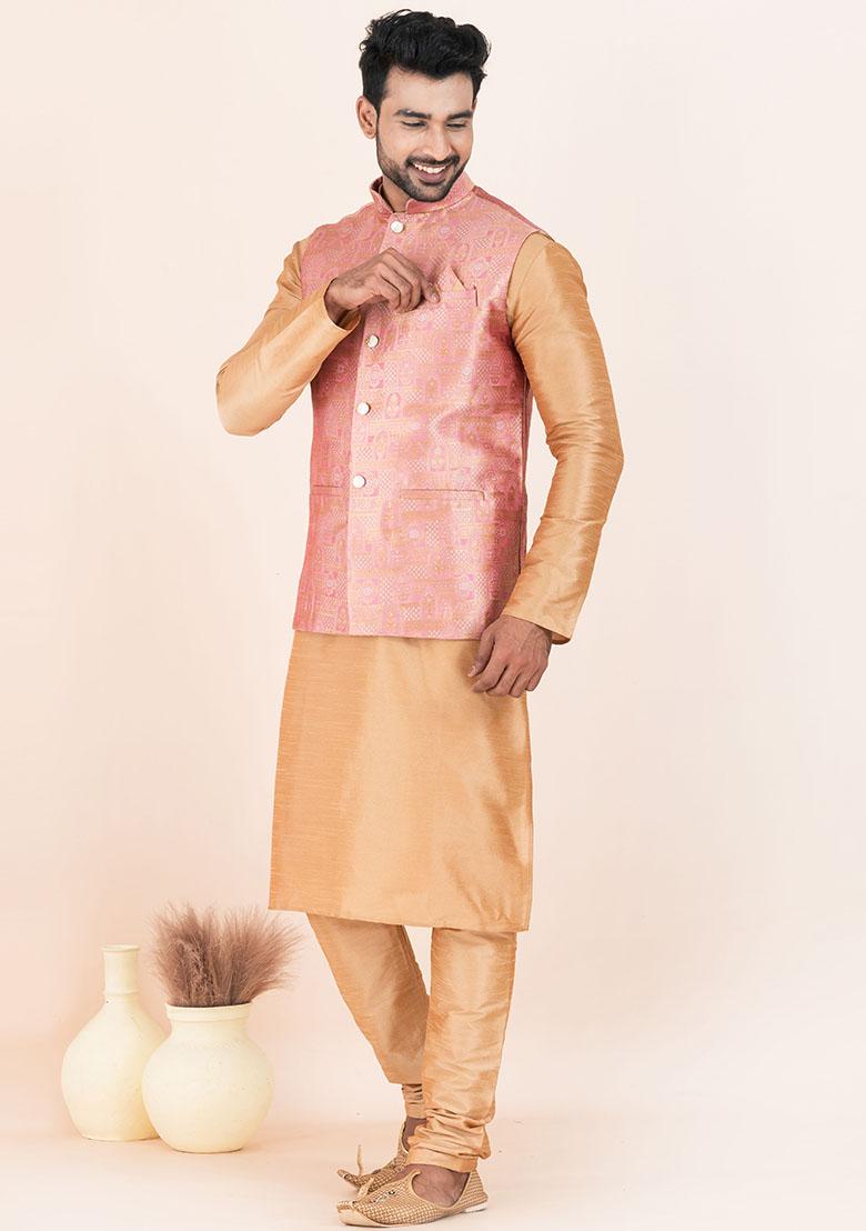 Brown Solid Silk Kurta Set For Men