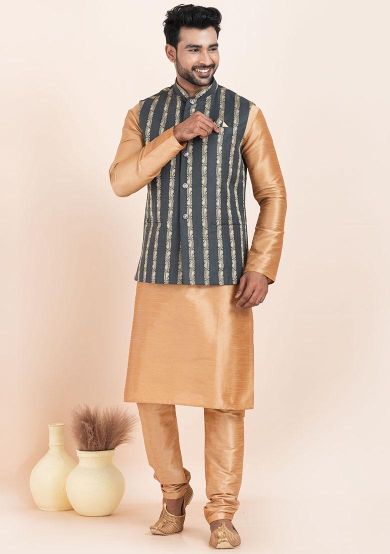 Brown Solid Silk Kurta Set For Men