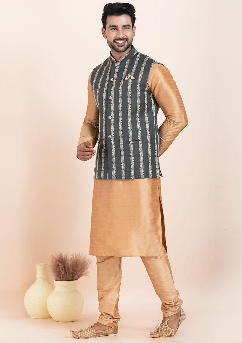 Brown Solid Silk Kurta Set For Men