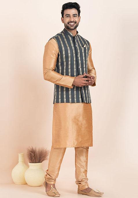Brown Solid Silk Kurta Set For Men