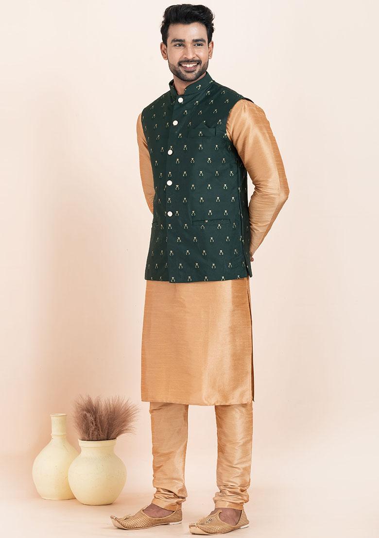 Brown Solid Silk Kurta Set For Men