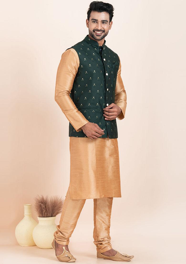 Brown Solid Silk Kurta Set For Men