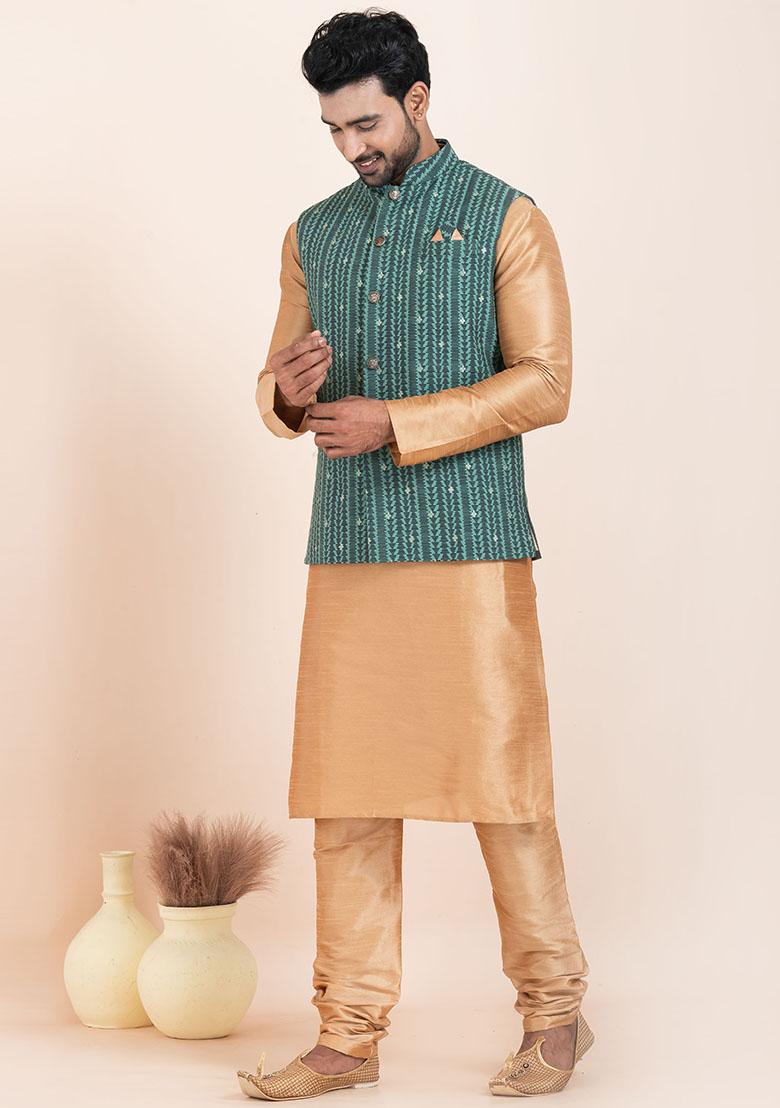 Brown Solid Silk Kurta Set For Men