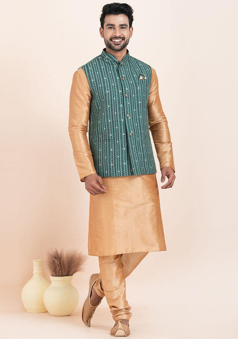 Brown Solid Silk Kurta Set For Men