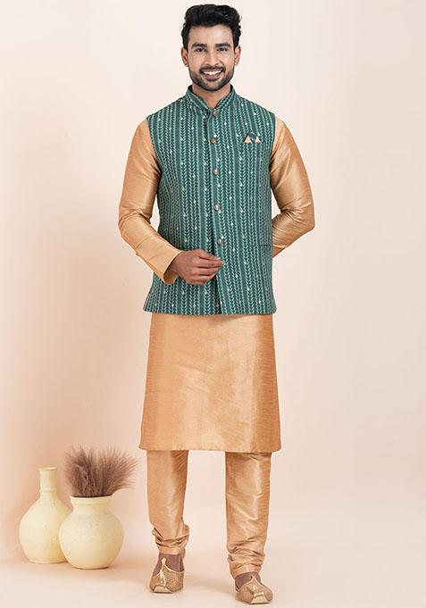 Brown Solid Silk Kurta Set For Men
