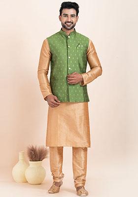 Brown Solid Silk Kurta Set For Men