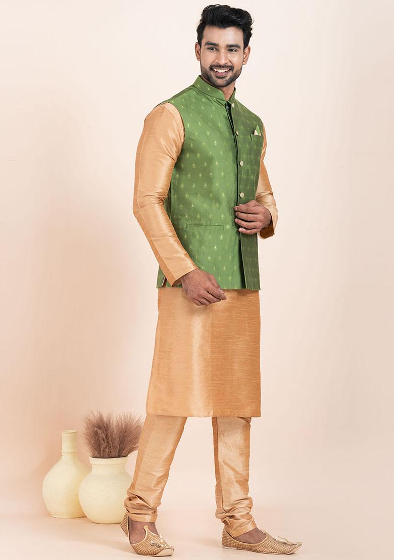 Brown Solid Silk Kurta Set For Men