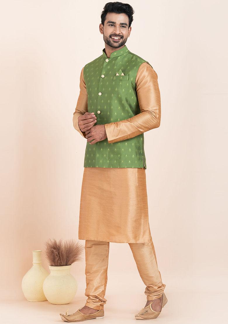 Brown Solid Silk Kurta Set For Men