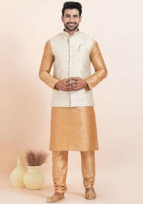 Brown Solid Silk Kurta Set For Men
