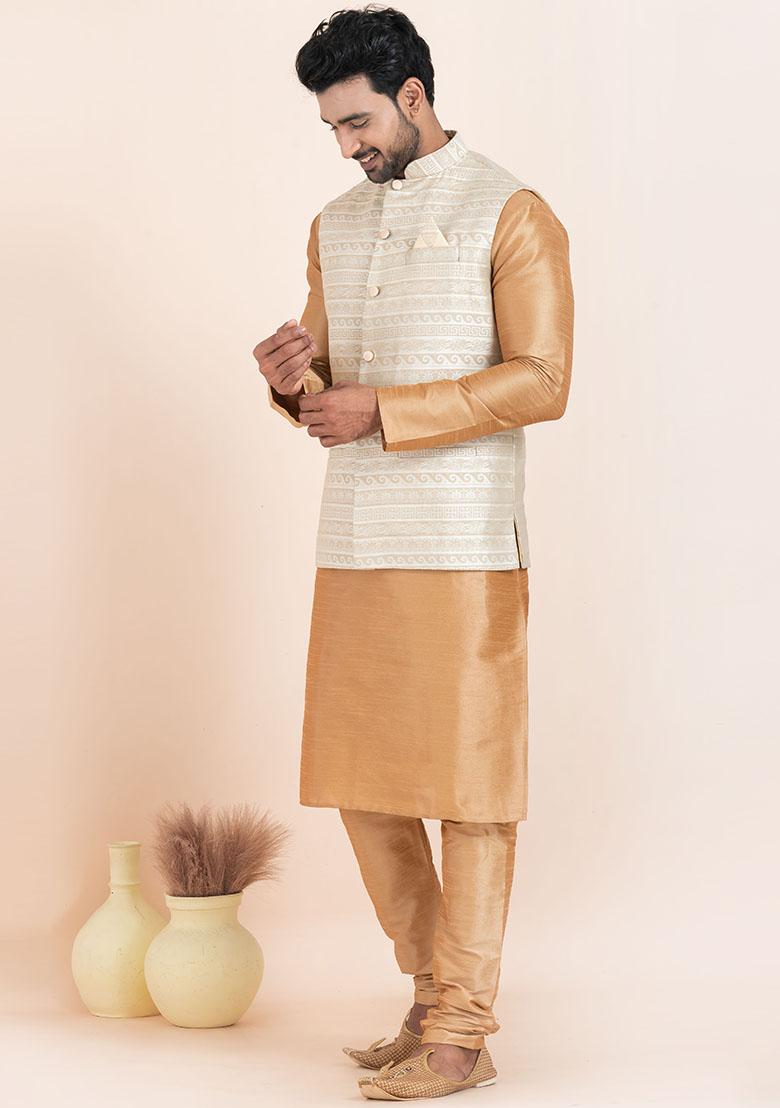 Brown Solid Silk Kurta Set For Men