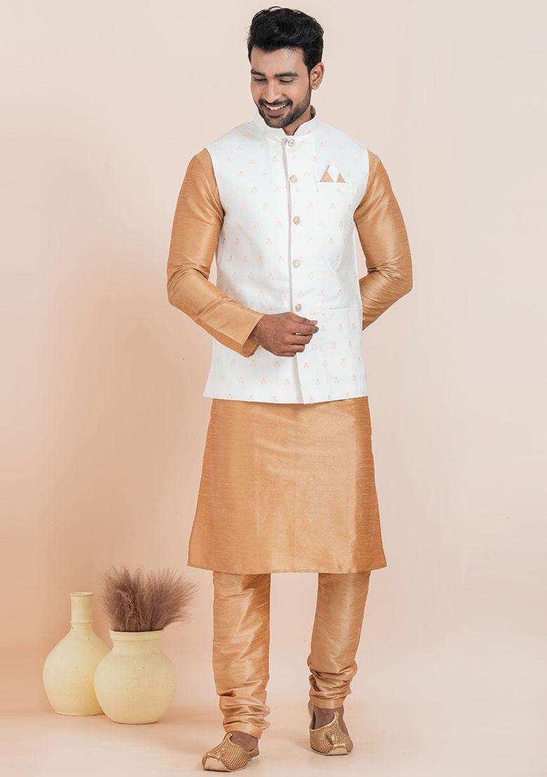 Brown Solid Silk Kurta Set For Men