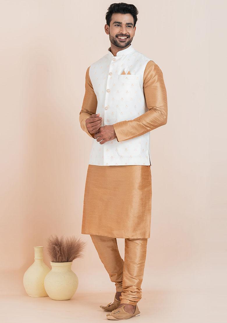 Brown Solid Silk Kurta Set For Men