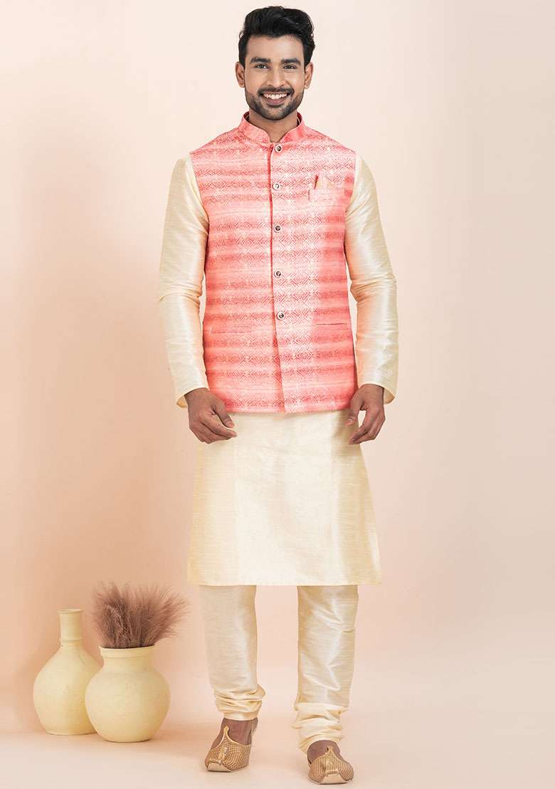 Gold Solid Silk Kurta Set For Men - Indya