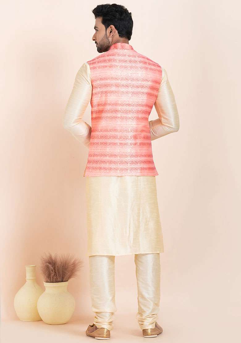 Gold Solid Silk Kurta Set For Men - Indya
